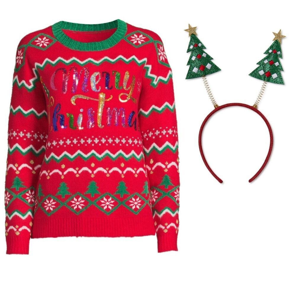Holiday Time Womens Sz Small Holiday Christmas Knit Ugly Sweater Red w Headband
